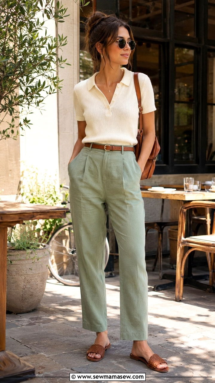 Knit polo with linen blend tailored pants and woven slides - 30 Unpredictable weather outfit ideas