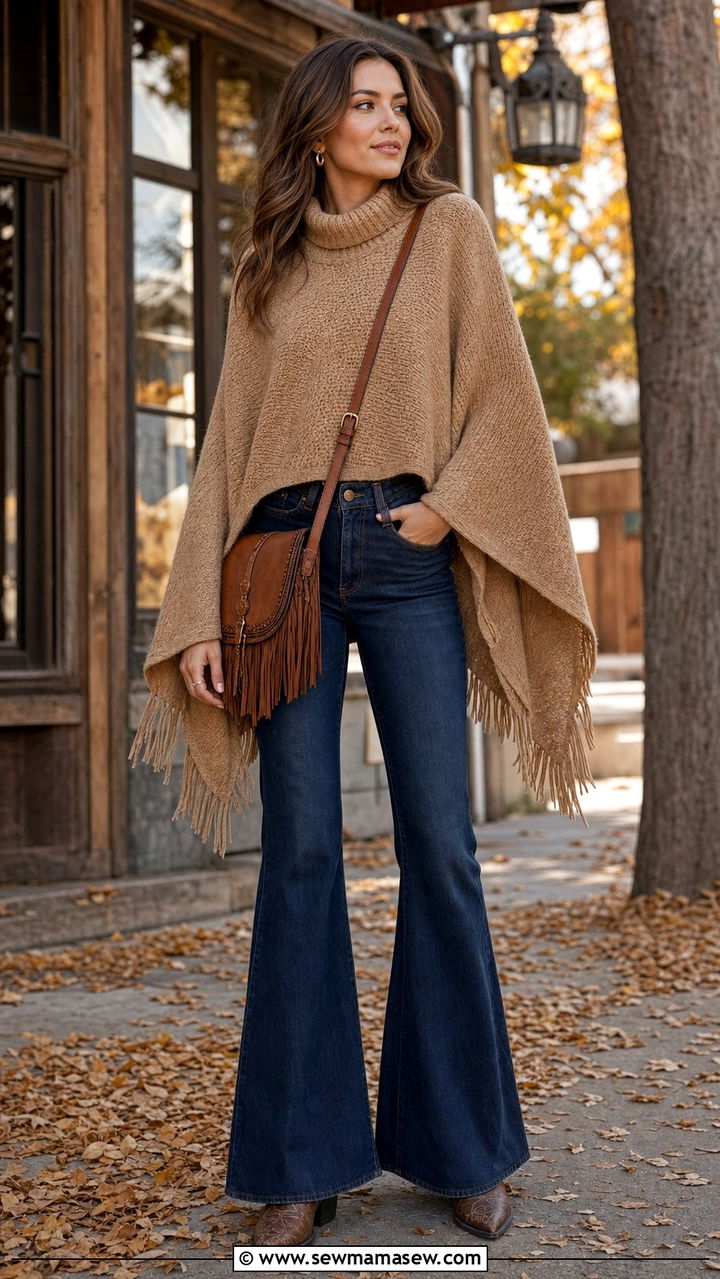 Knit poncho and flared jeans outfit - 25 classy western outfit ideas