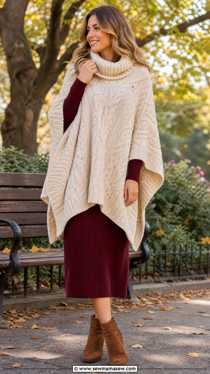 Knit poncho with midi dress and ankle boots - 25 How to style a poncho