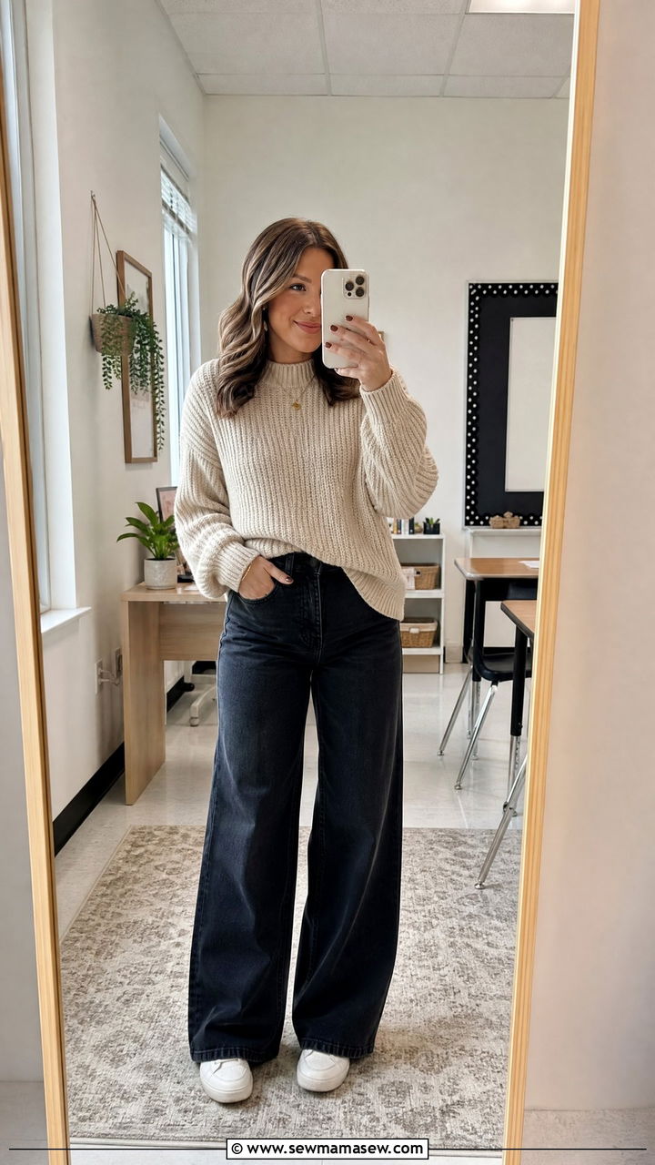 Knit pullover with wide leg jeans teacher look - 30 Substitute teacher outfit ideas