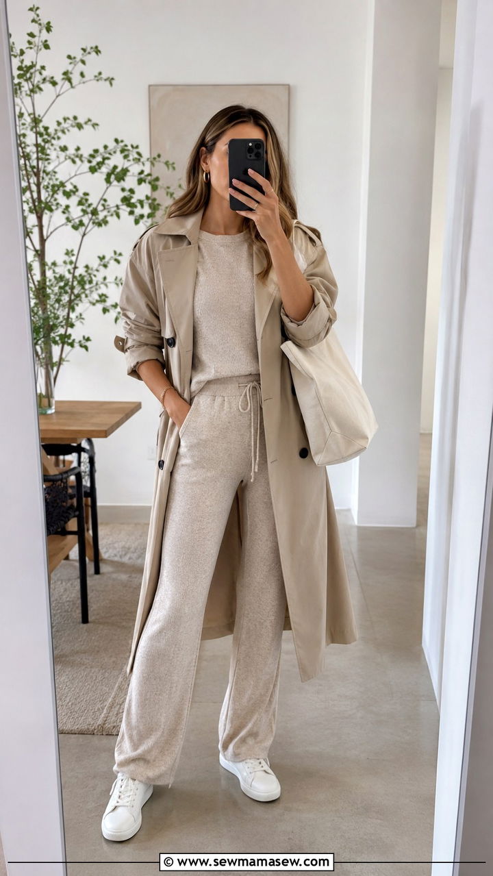 Knit set with trench coat and white sneakers outfit - 30 In between season outfit ideas