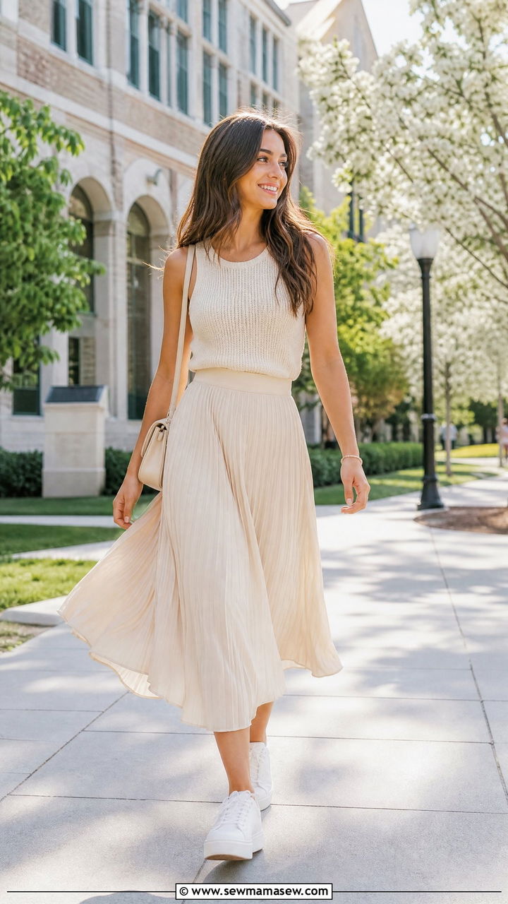 Knit sleeveless top and pleated midi skirt outfit - 30 Summer capsule wardrobe for college