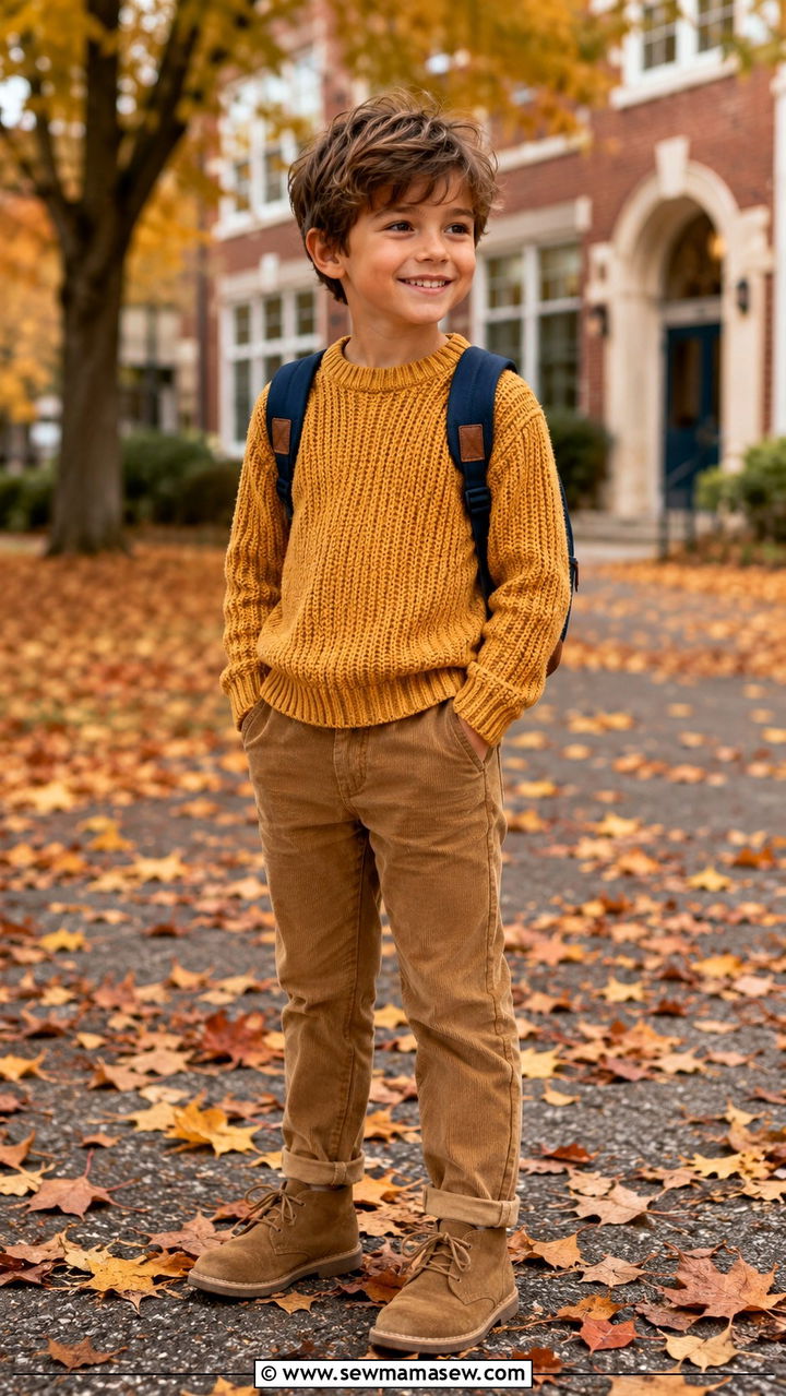 Knit sweater and corduroy pants outfit - 30 Kids back to school outfit ideas