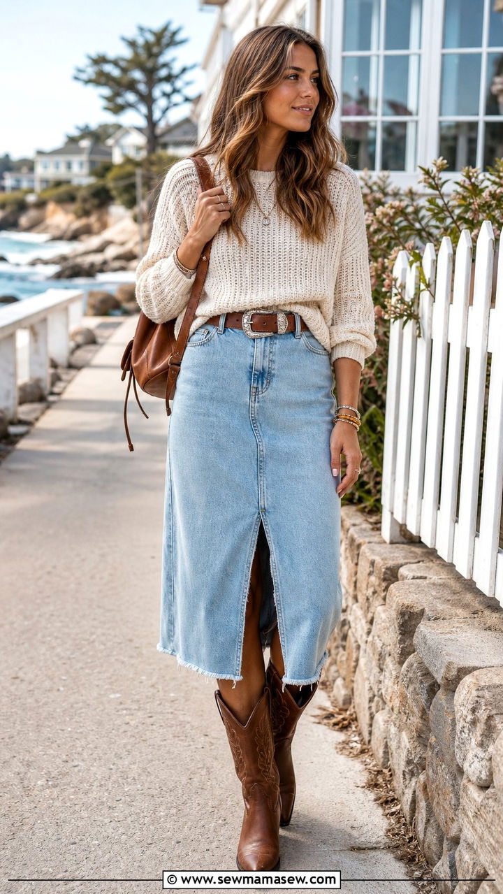 Knit sweater and denim skirt with cowboy boots - 25 spring coastal cowgirl outfit ideas