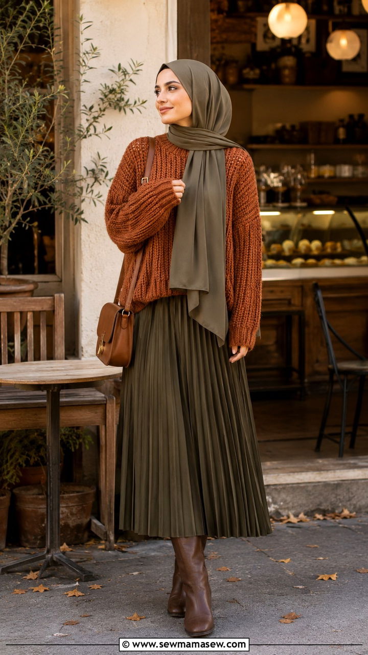 Knit sweater and long pleated skirt hijab - 30 hijab outfit ideas