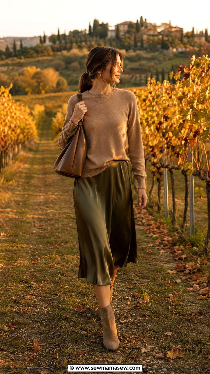 Knit sweater and silk midi skirt outfit Tuscany fall - 30 Italy outfits for women