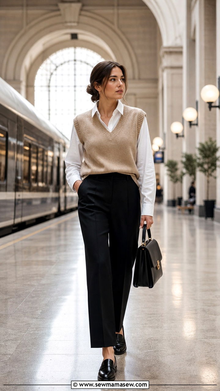 Knit sweater vest over a collared shirt with tailored trousers - 40 travel outfits
