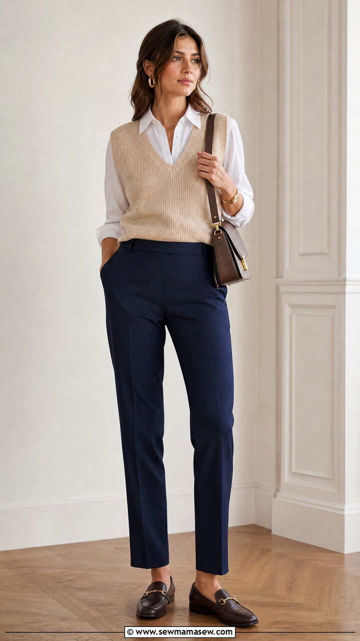Knit sweater vest over button up shirt office - 30 Stylish office outfit ideas