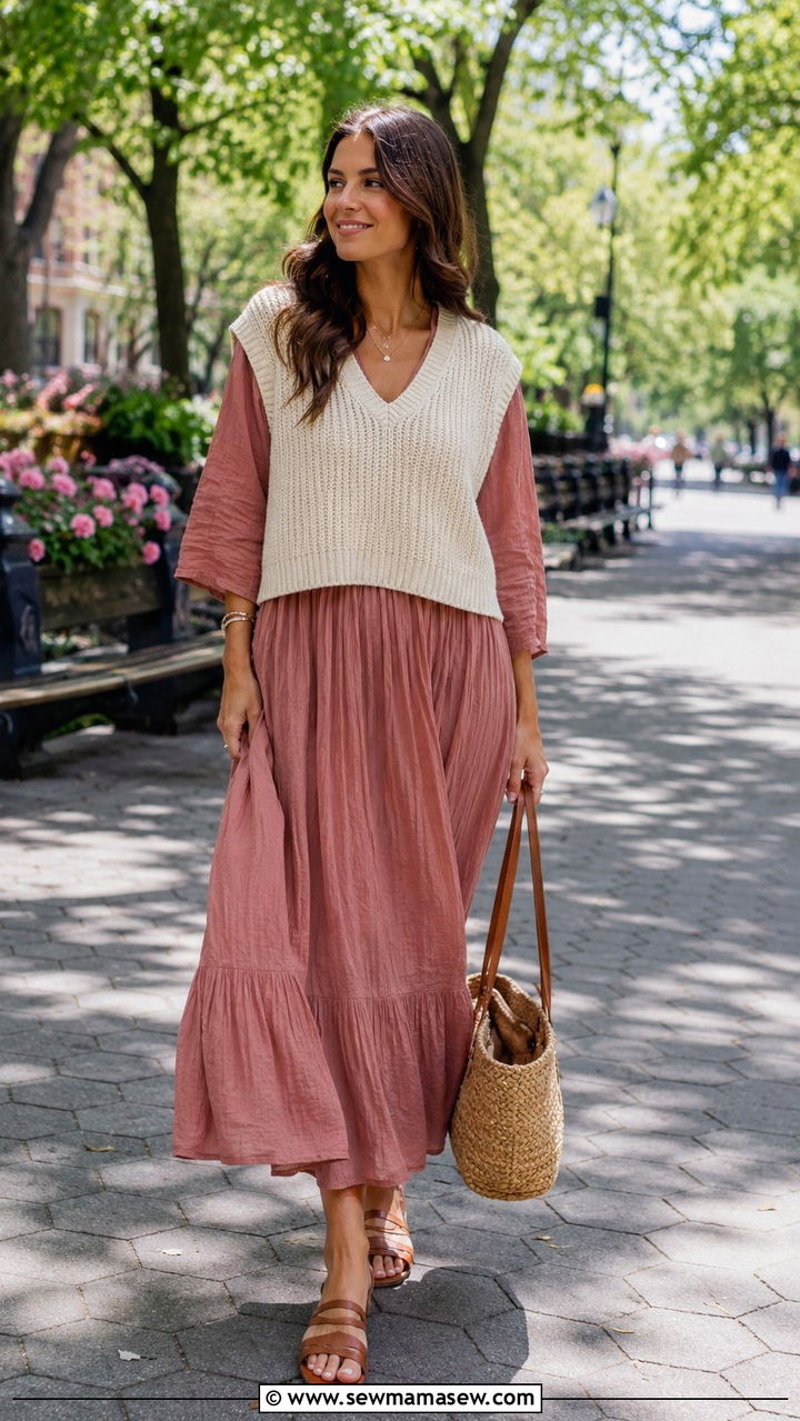 Knit sweater vest over maxi dress - 30 spring cottagecore outfit ideas