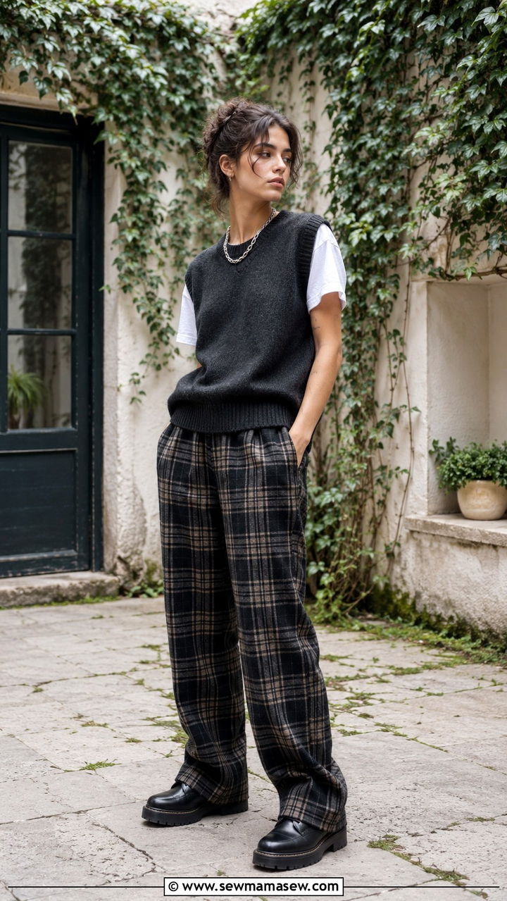 Knit sweater vest over white tee with plaid trousers - 30 grunge outfits to copy