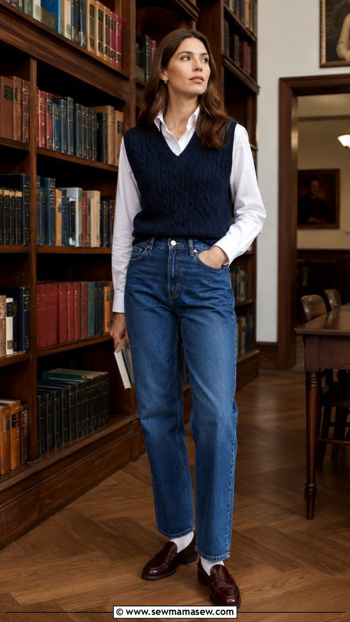 Knit sweater vest with high waisted jeans and loafers - 30 High waisted jeans outfit ideas with loafers