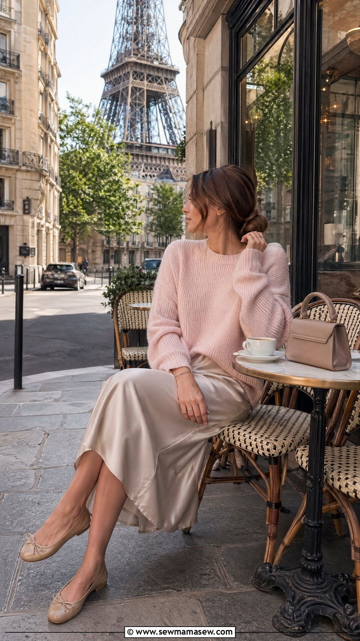Knit sweater with a midi skirt and ballet flats Paris cafe outfit - 35 Europe travel outfits for women