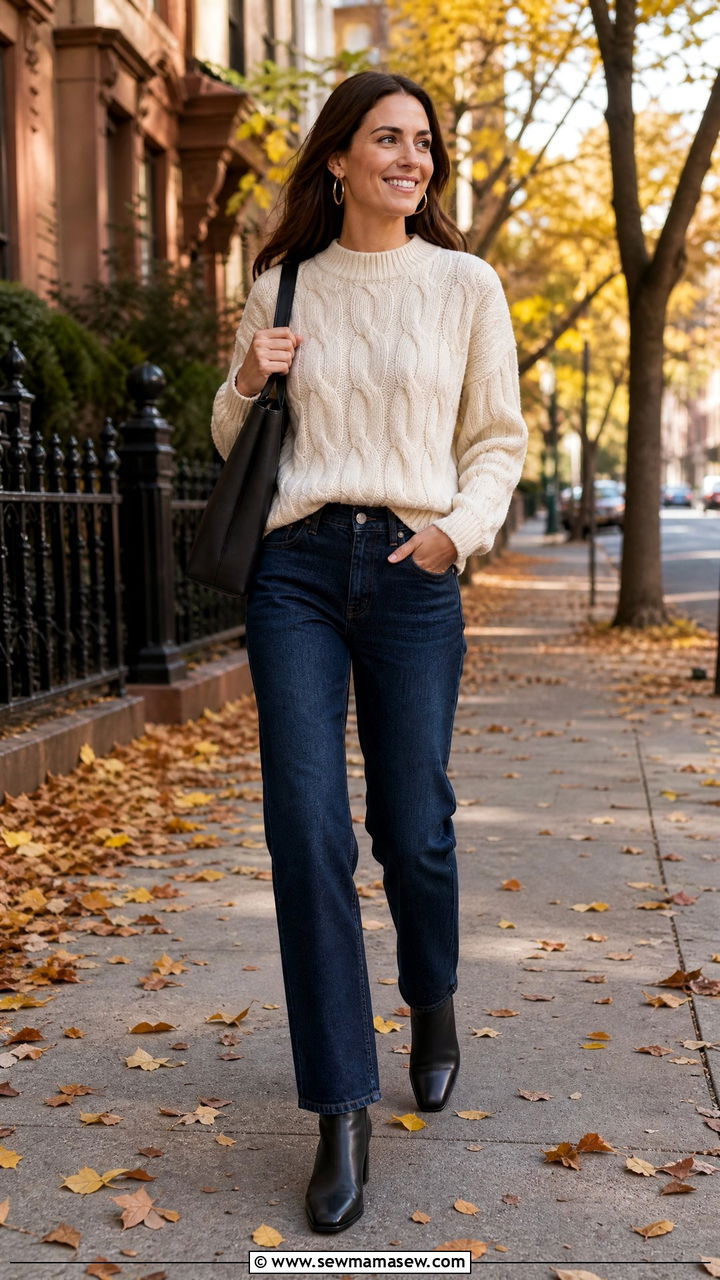 Knit sweater with dark jeans and ankle boots - 25 Business casual outfits with jeans