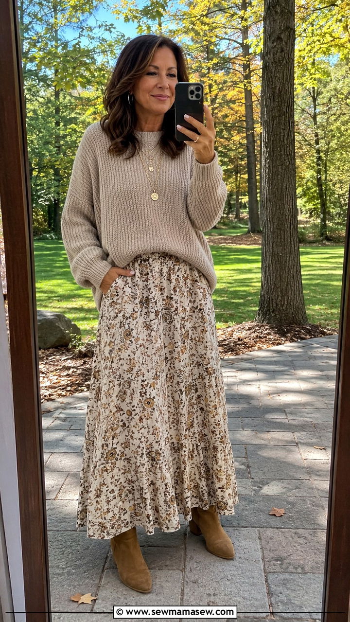 Knit sweater with flowy maxi skirt - 30 Boho outfits for women over 50