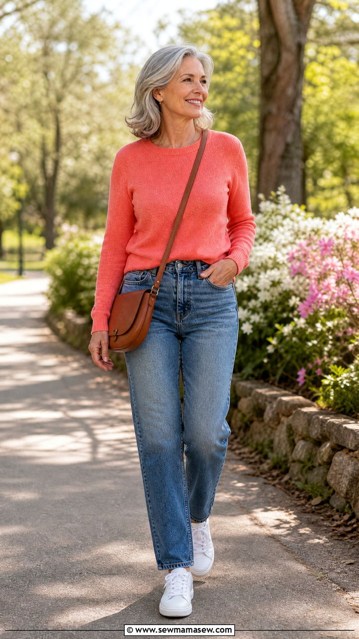 Knit sweater with jeans and sneakers outfit - 35 Jeans and sneakers outfit ideas over 50