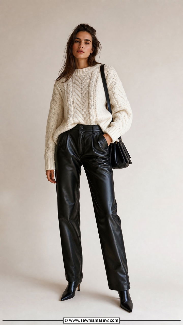 Knit sweater with leather pants outfit - 35 Model off duty outfit ideas