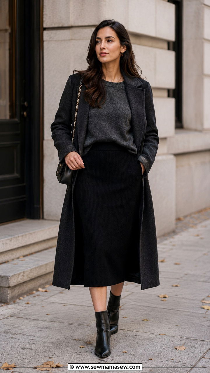 Knit sweater with midi skirt and ankle boots - 30 business casual outfits inspo