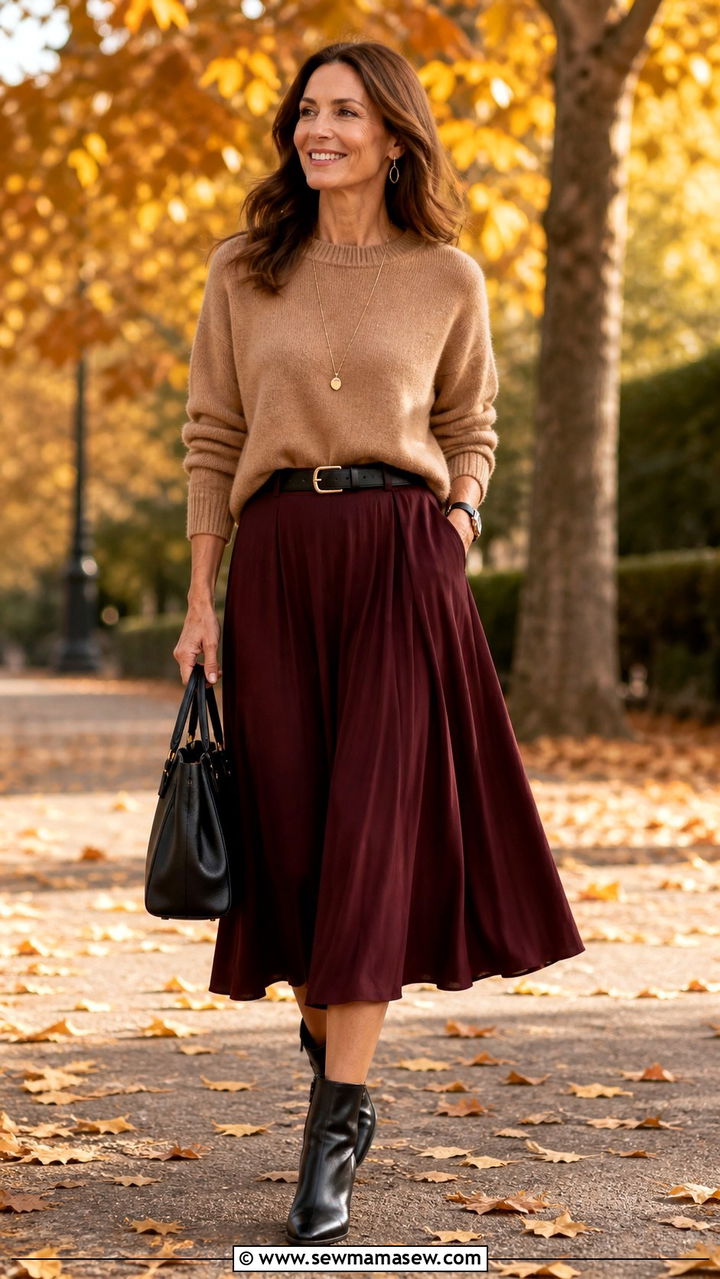 Knit sweater with midi skirt and ankle boots - 40 Outfit ideas for women over 40