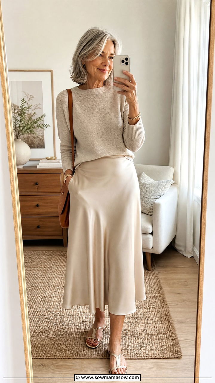 Knit sweater with midi skirt outfit - 20 60 year old woman outfit ideas
