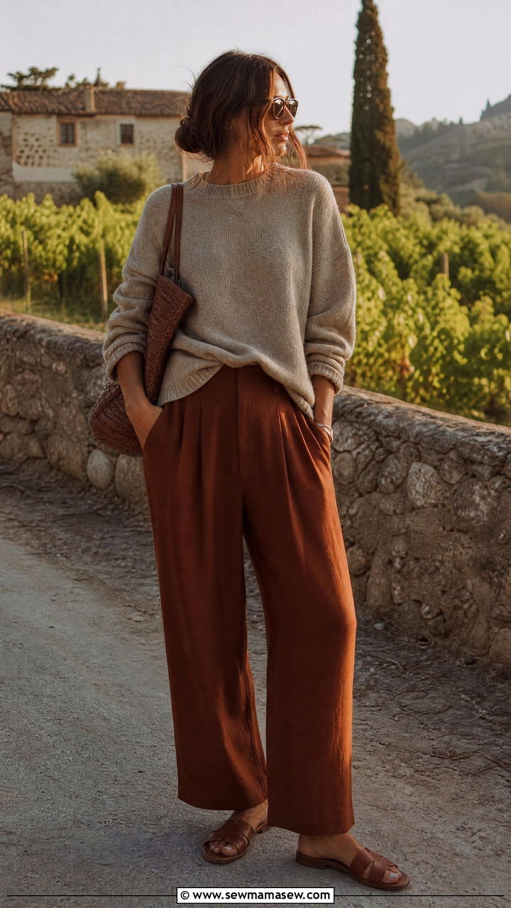 Knit sweater with wide leg trousers and flat sandals - 25 casual Italy outfits