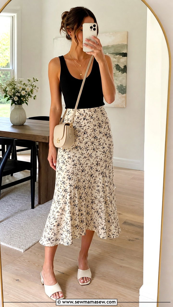 Knit tank with flowy midi skirt and mules - 40 Chic brunch outfits