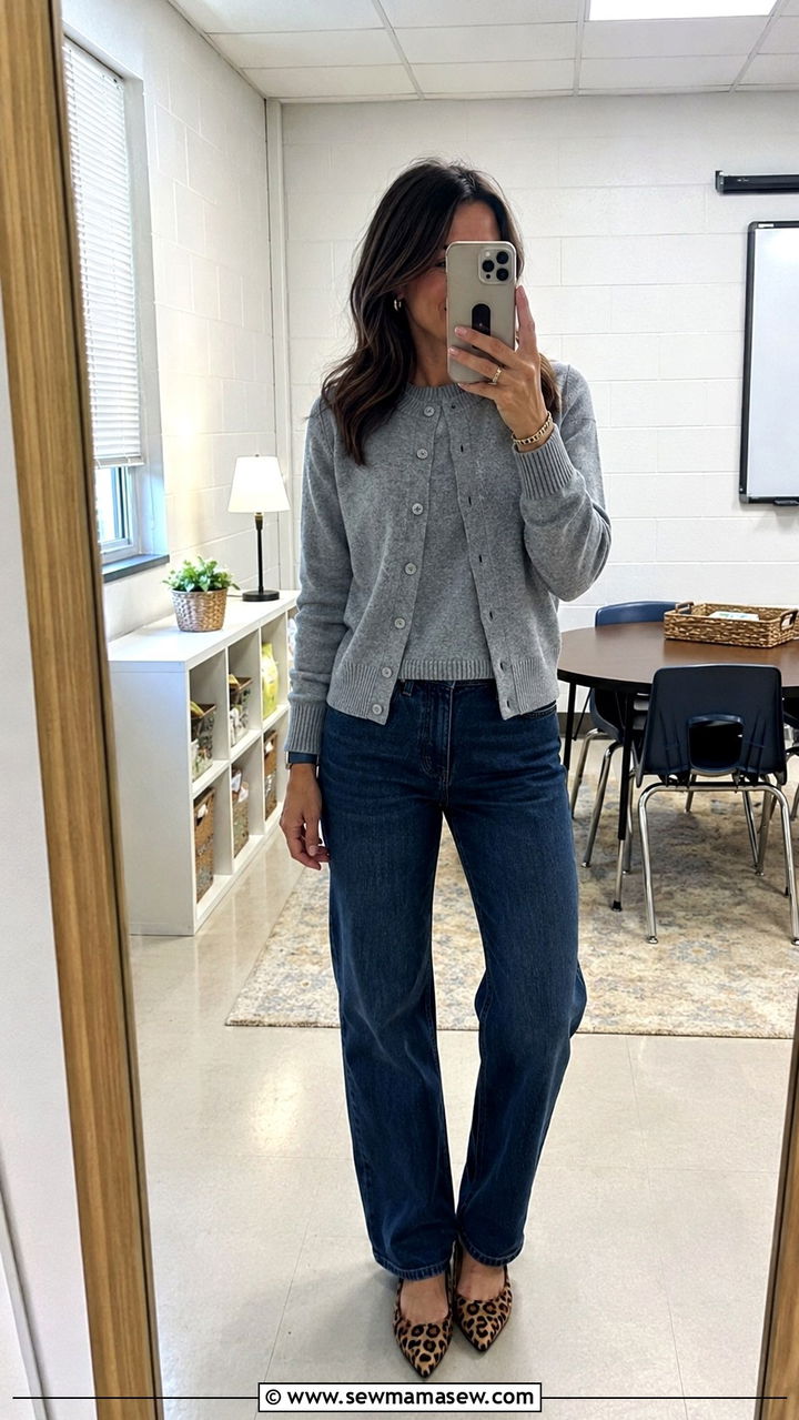 Knit twin set and straight leg jeans - 30 Middle school teacher outfit ideas