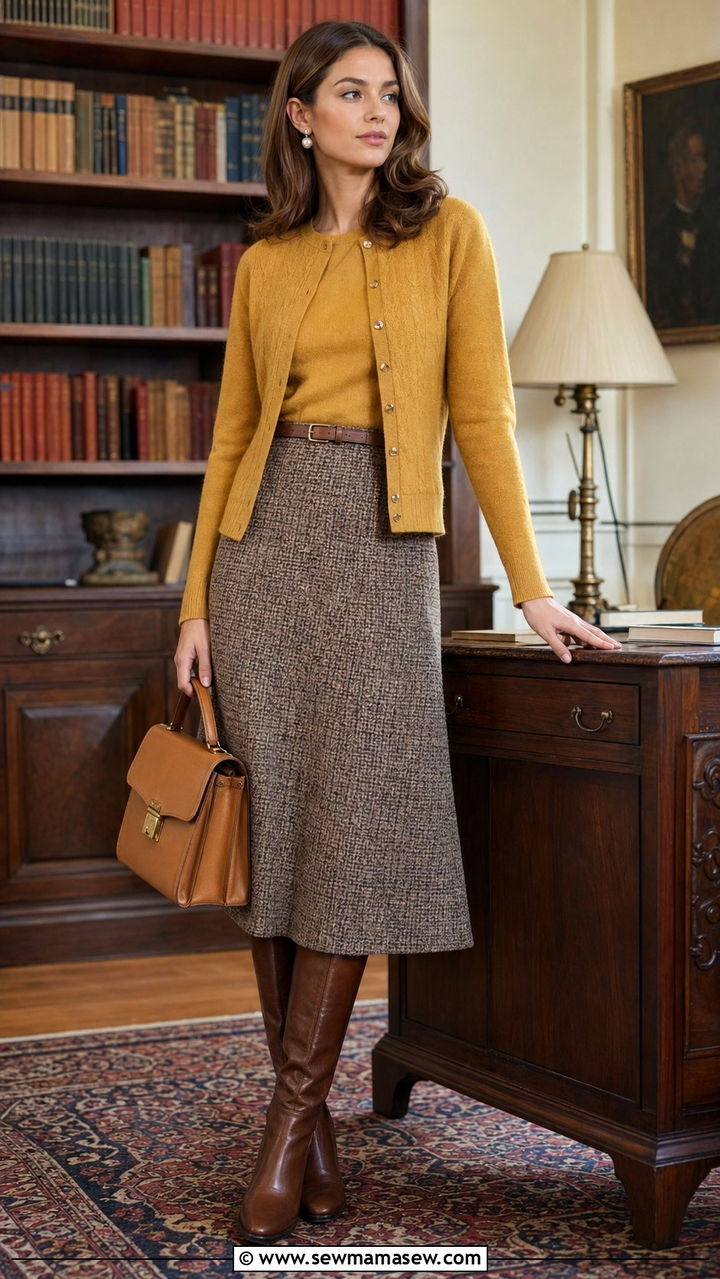 Knit twin set with A line midi skirt outfit - 35 70s inspired outfits