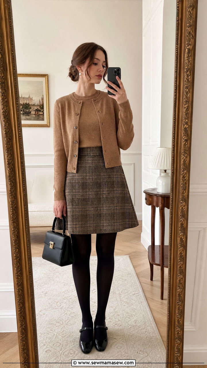 Knit twinset with A line plaid skirt and Mary Janes - 25 Poetcore outfit ideas college professor aesthetic
