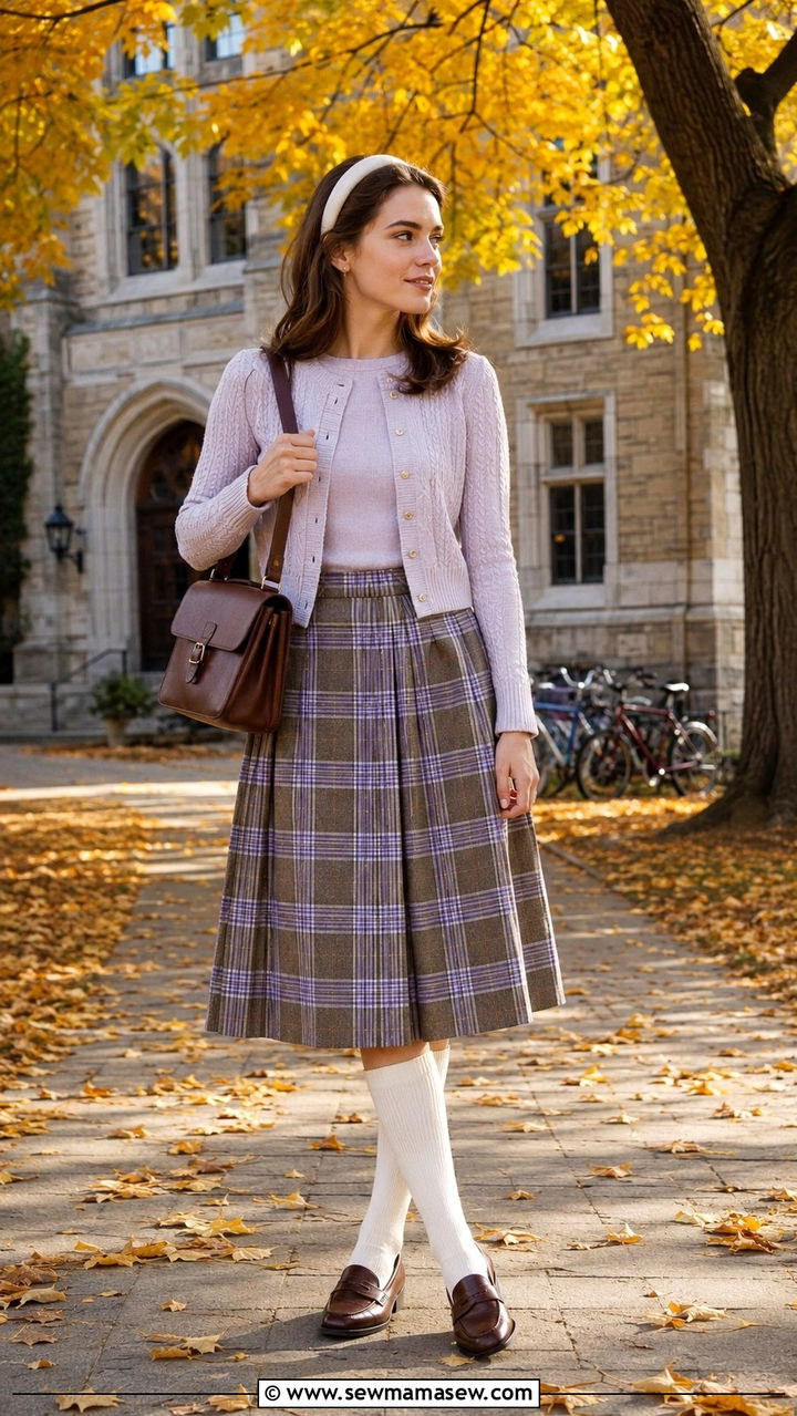 Knit twinset with plaid midi skirt outfit - 25 Mid century modern outfit ideas