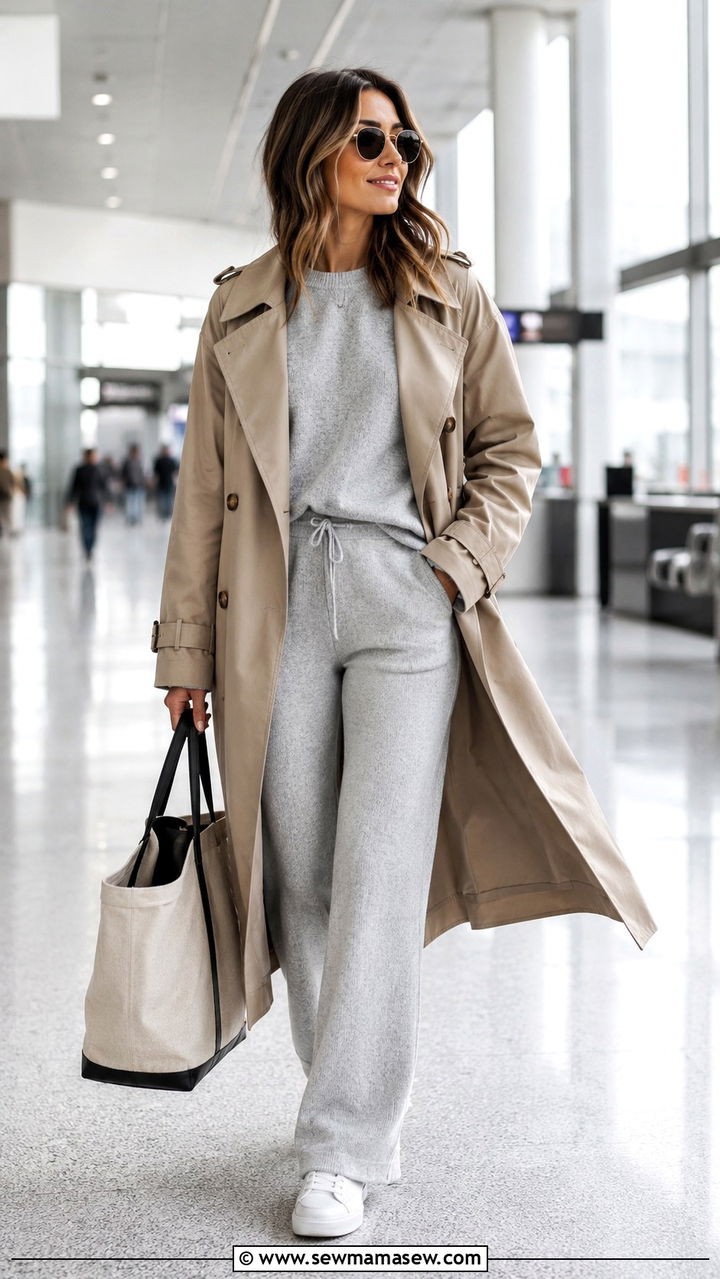 Knit two piece set with a trench coat - 30 Overcast day outfit ideas