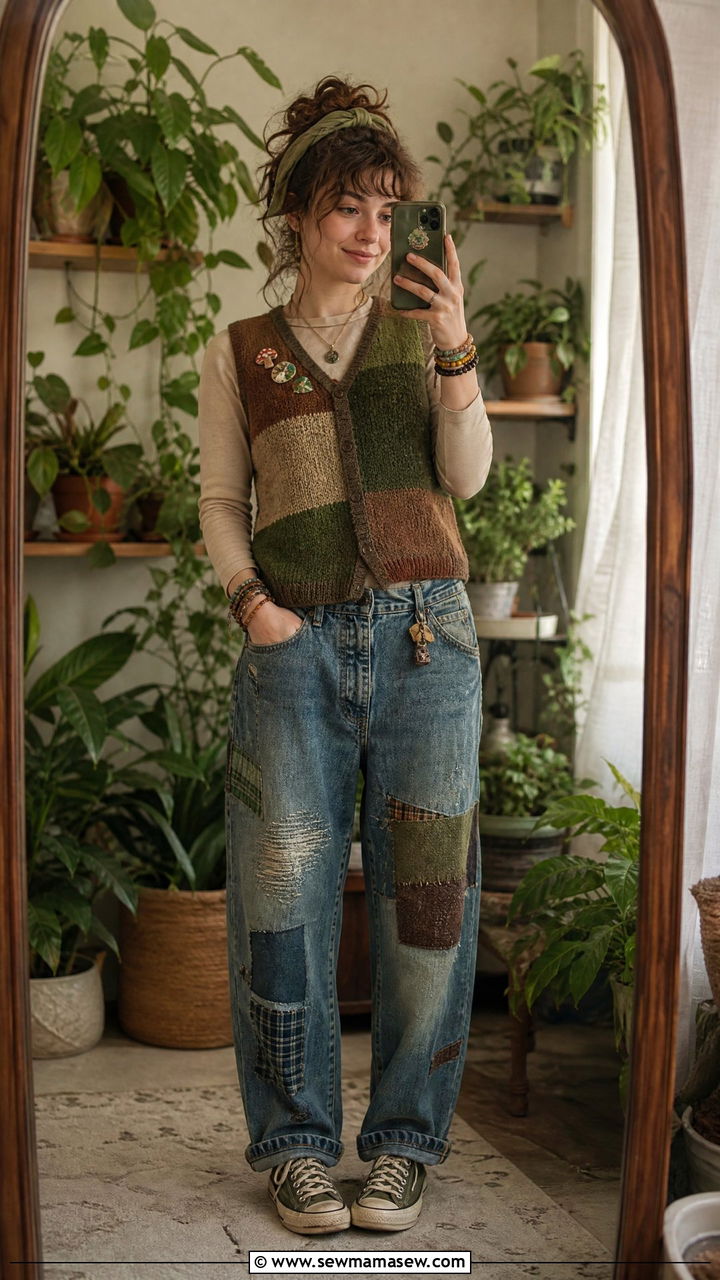 Knit vest and patchwork denim with canvas sneakers - 30 Goblincore outfit ideas