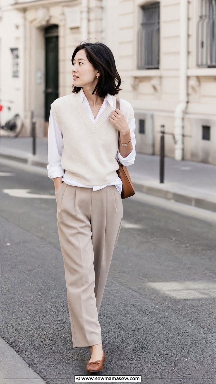 Knit vest and pleated pants with ballet flats - 25 Petite outfit ideas with ballet flats