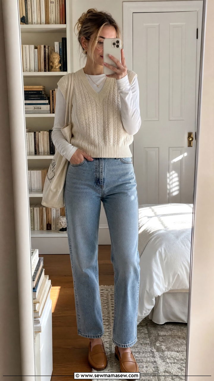 Knit vest and straight leg jeans light academia outfit - 25 Light academia outfit ideas 2026