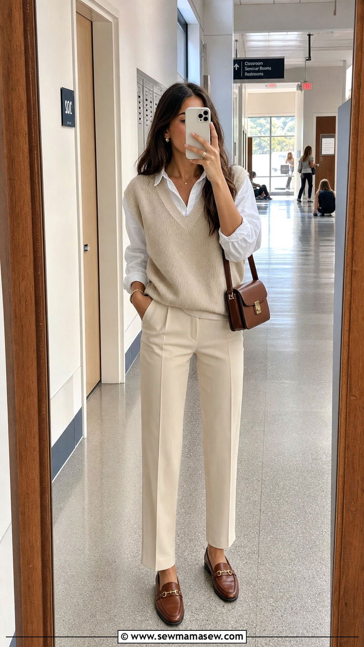 Knit vest and white button down - 25 Clean girl outfit ideas for college