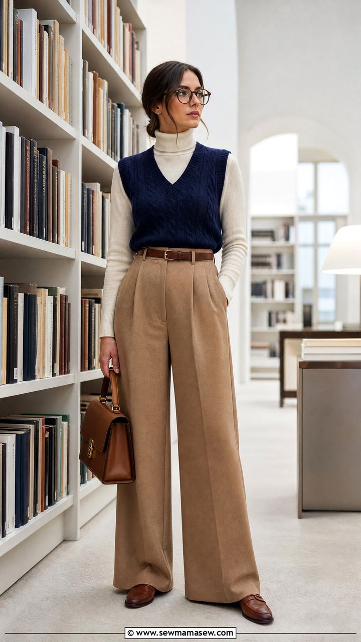 Knit vest and wide leg trousers outfit - 30 librarian core outfits ideas