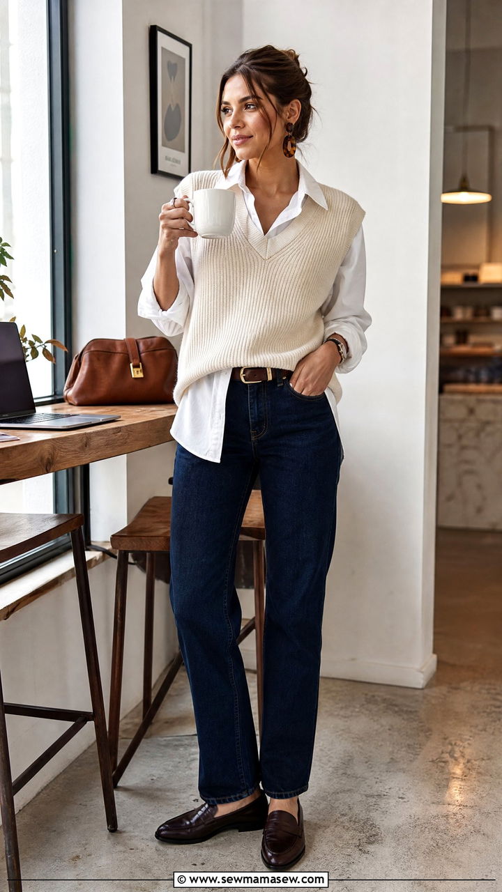 Knit vest layered over button down shirt outfit - 30 Cozy spring outfit ideas 2026
