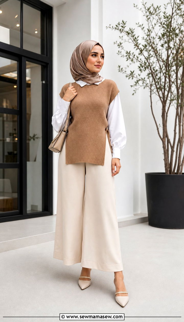 Knit vest layered over long sleeve blouse and wide leg culottes - 25 classy outfits for hijab women