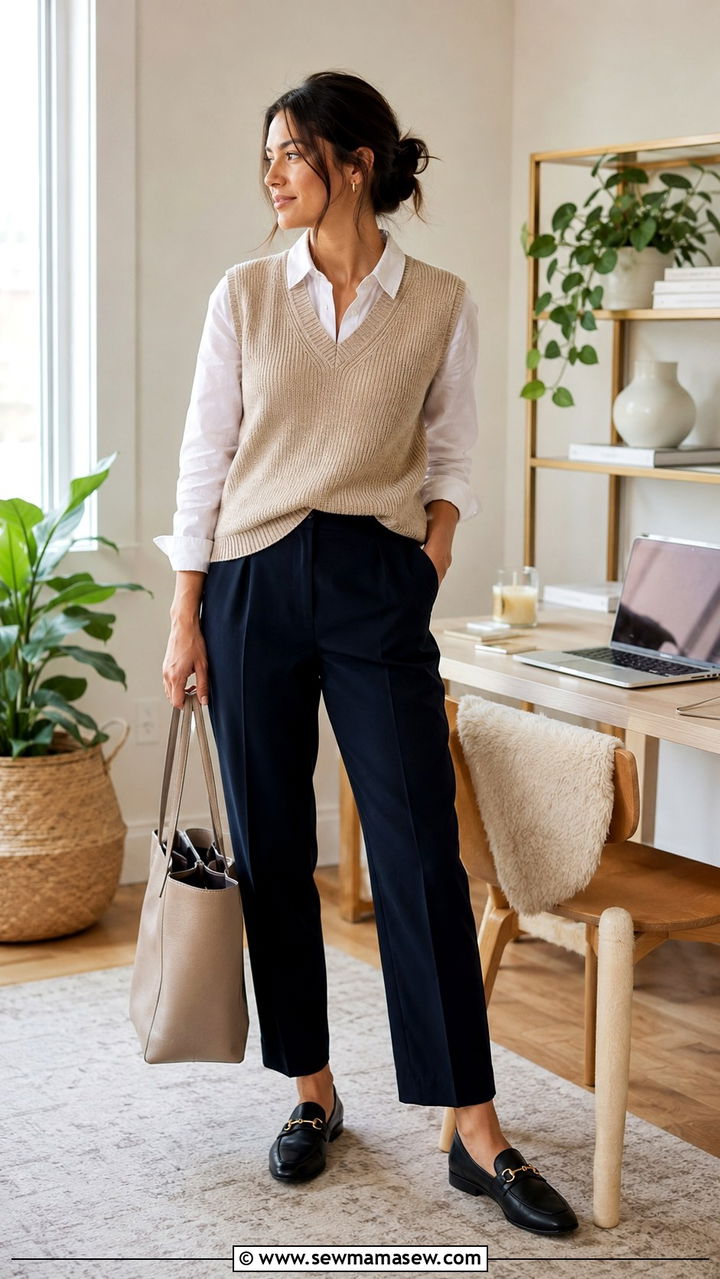 Knit vest layered over white button up and tailored trousers - 30 Spring outfit ideas for work from home