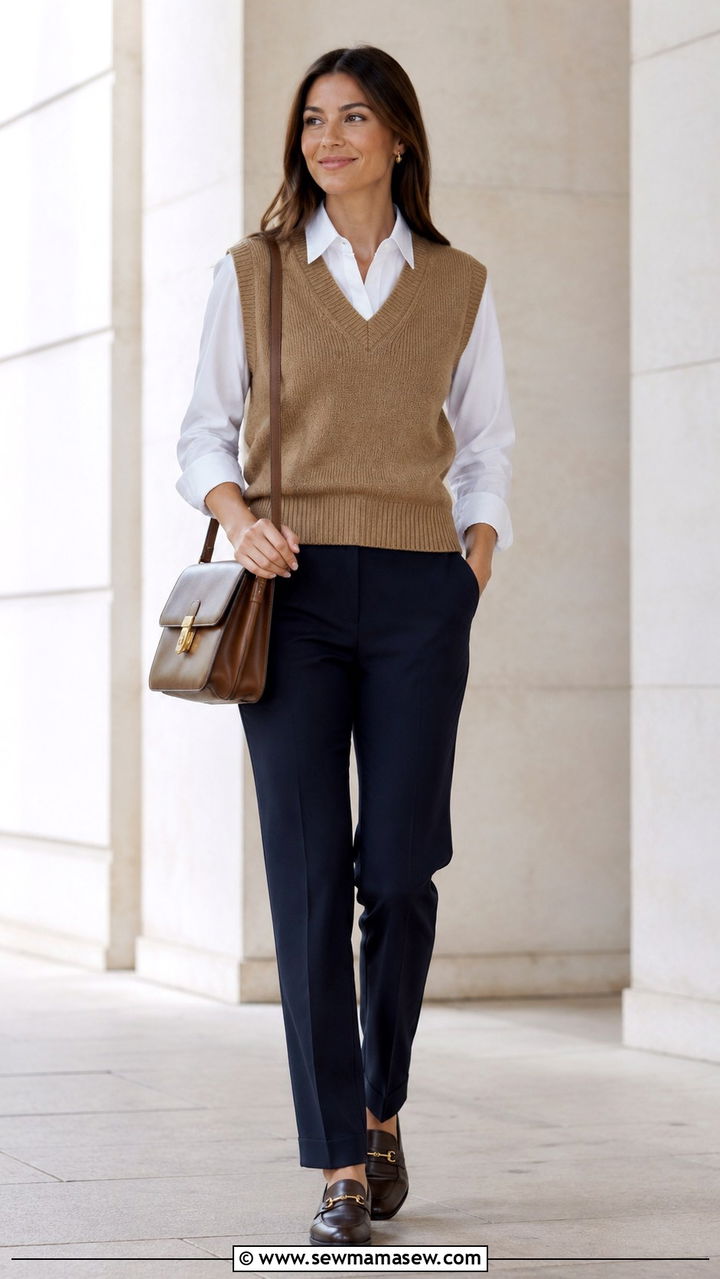 Knit vest layered over white button up - 30 Spring capsule wardrobe for work
