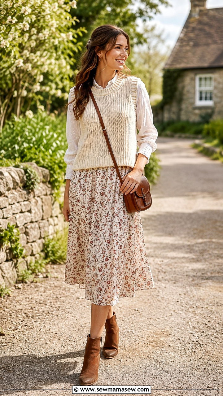 Knit vest over a midi skirt - 30 Spring cottage outfits
