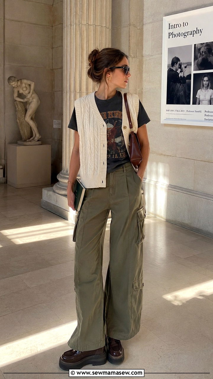 Knit vest over graphic tee outfit - 30 Preppy college outfit ideas