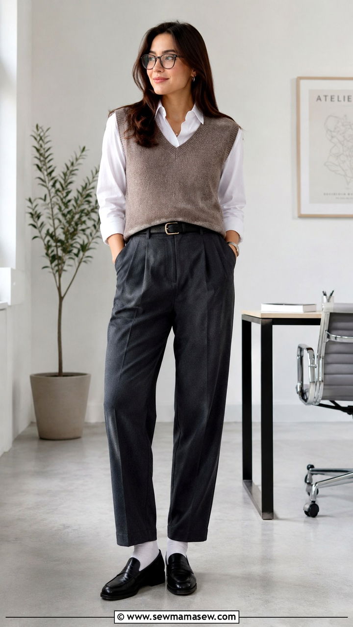 Knit vest with button down shirt and pleated trousers - 20 Eclectic grandpa outfit ideas 2026