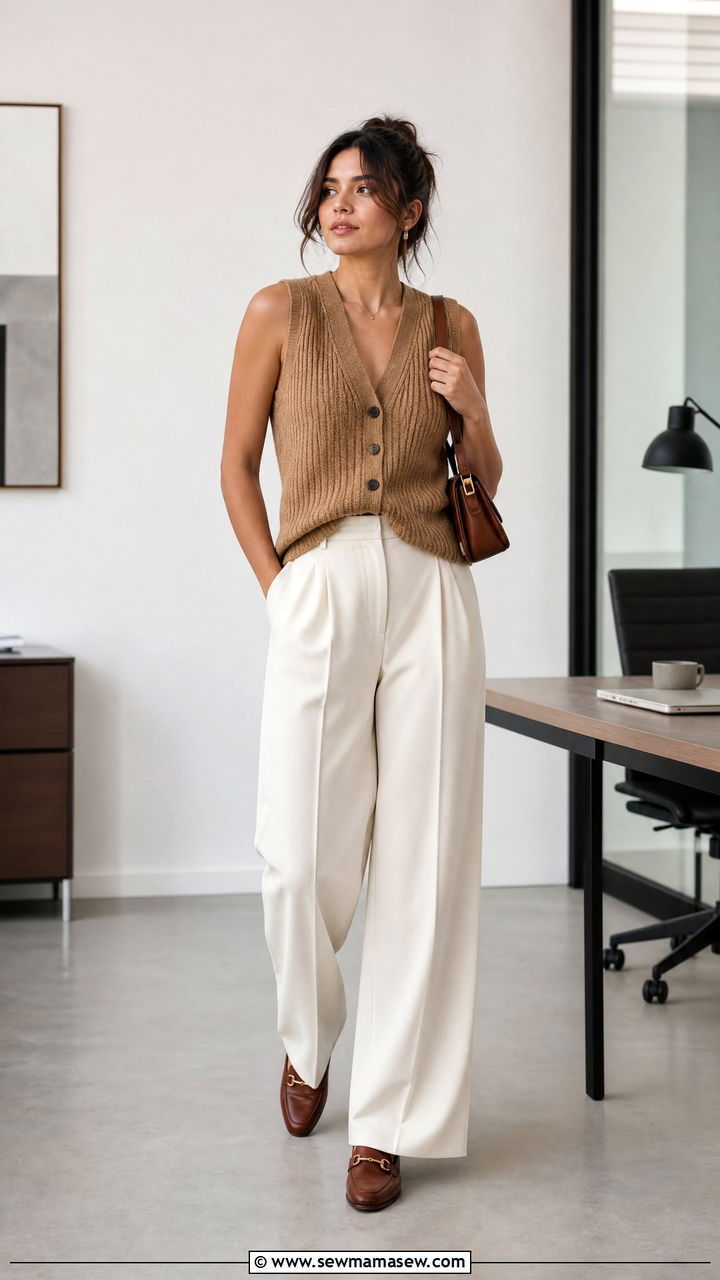 Knit vest with wide leg trousers and loafers - 30 summer office party outfit ideas