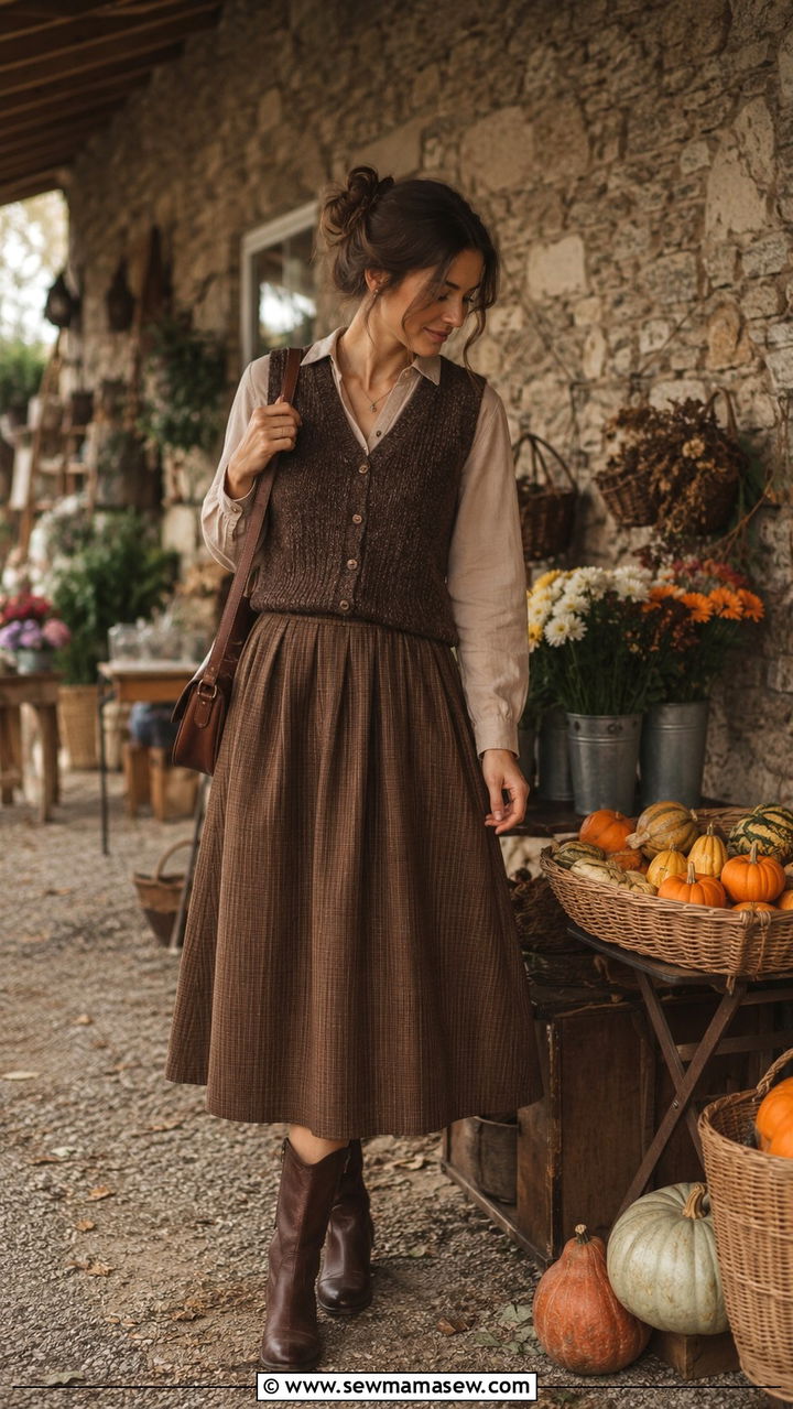 Knit waistcoat with A line midi skirt - 30 chic waistcoat vest outfit ideas
