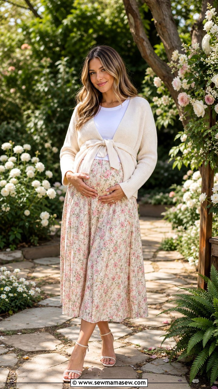 Knit wrap cardigan with fitted tee and elastic waist midi skirt - 25 spring outfits for postpartum moms