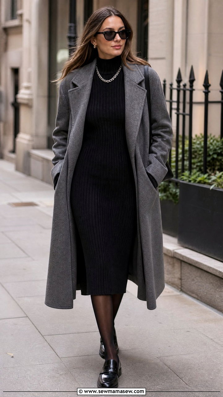 Knitted Midi Dress With Long Coat And Loafers - 30 Dark feminine outfit ideas