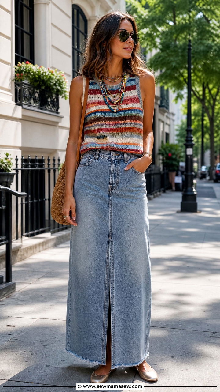Knitted Vest With Stonewash Denim Maxi Skirt - 35 hot weather outfits inspo