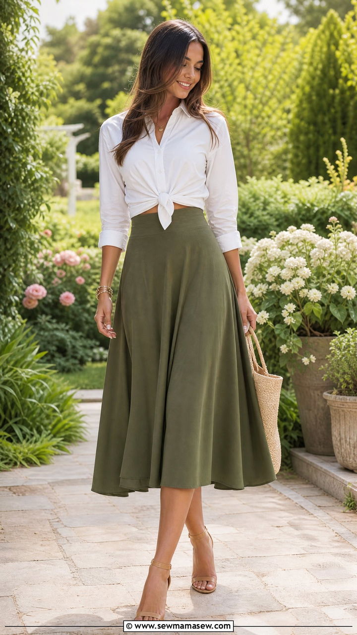 Knotted Button Down Shirt and High Waisted Skirt - 30 Outfit ideas for long torso