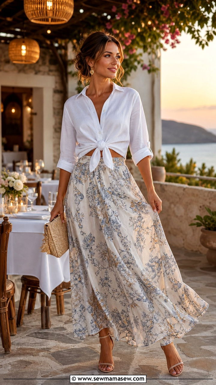 Knotted Button Down with Maxi Skirt and Heeled Sandals - 25 summer button down shirt outfit ideas