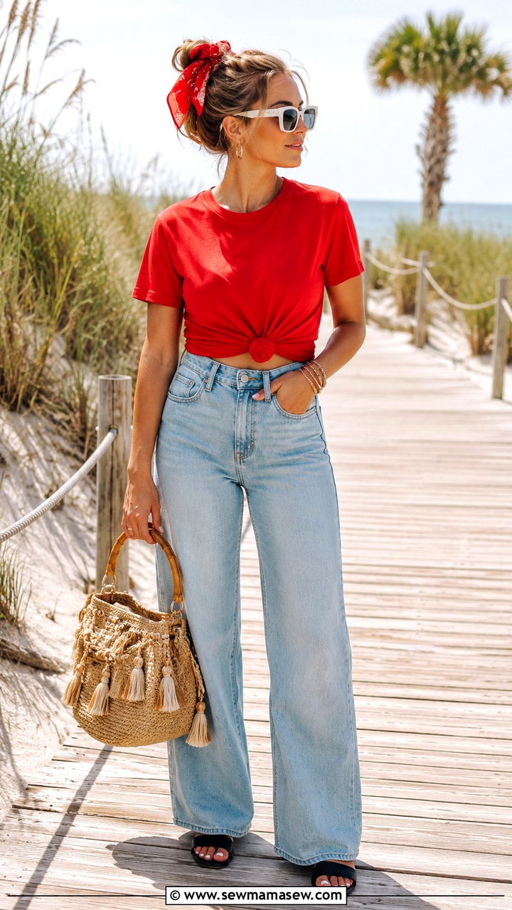Knotted Red Tee and Light Wash Jeans Mid June Outfit - 25 Mid June outfit ideas
